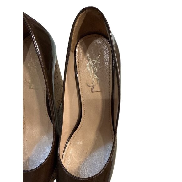 Yves St. Laurent Brown Patent Leather Cork Wedge Heels Size 37 Pre-Owned. - Picture 9 of 14